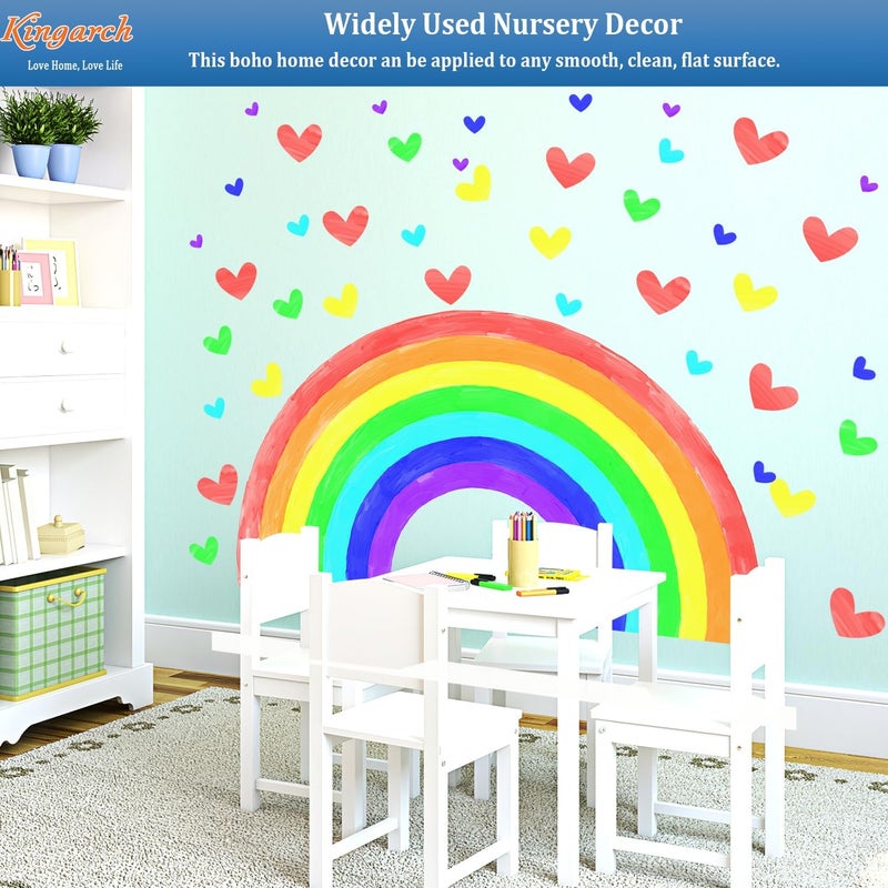 Kingarch Large Watercolor Rainbow Wall Decals, Hearts Peel and Stick Fabric Nursery Wall Decor, Removable Home Room Wall Decor Murals Stickers for Kids Girls Toddler Bedroom Living Room Playroom - Image 3